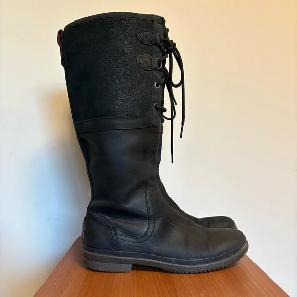 UGG Elsa Tall Waterproof Leather Boots Black Women’s 9 Equestrian Sleek Utility - Picture 3 of 9